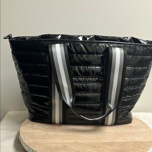 Quilted Black Tote with Metallic Handles and Stripes